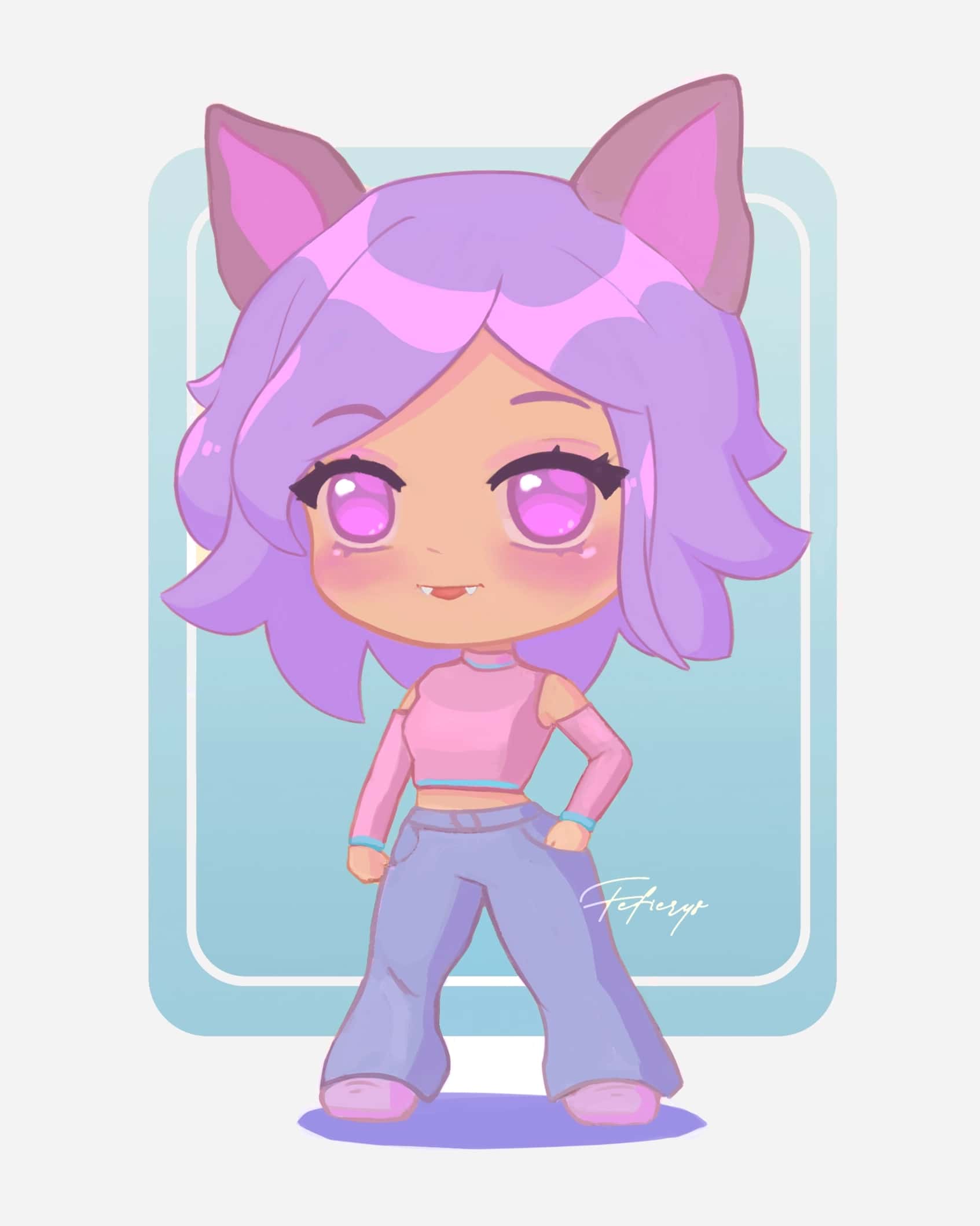 Girl Chibi Neko Cute Full body illustration by Fefierys
