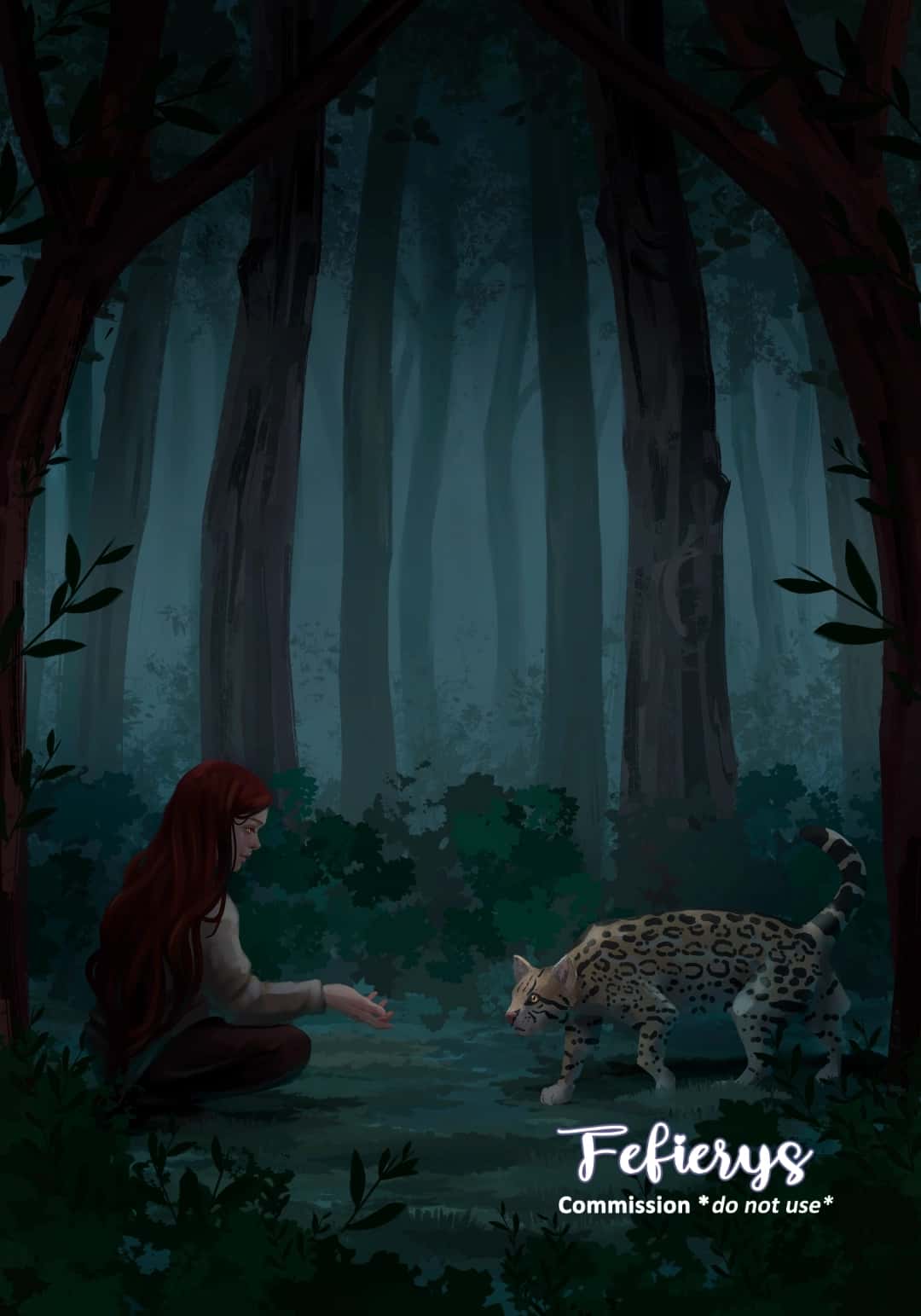 Girl Leopard Forest Fantasy Book Full page illustration by Fefierys