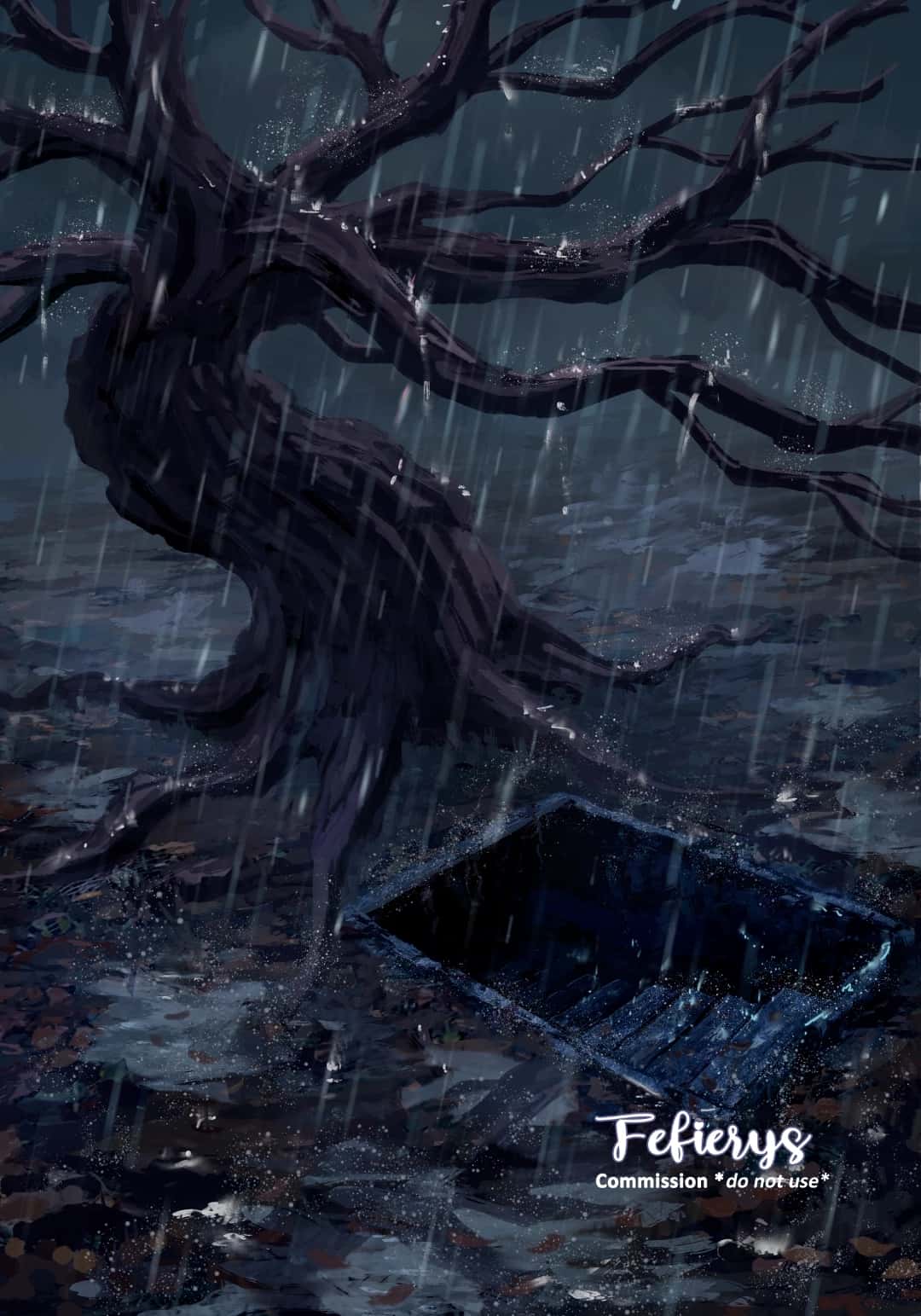Old Tree Rainy Night Fantasy Book Full page illustration by Fefierys