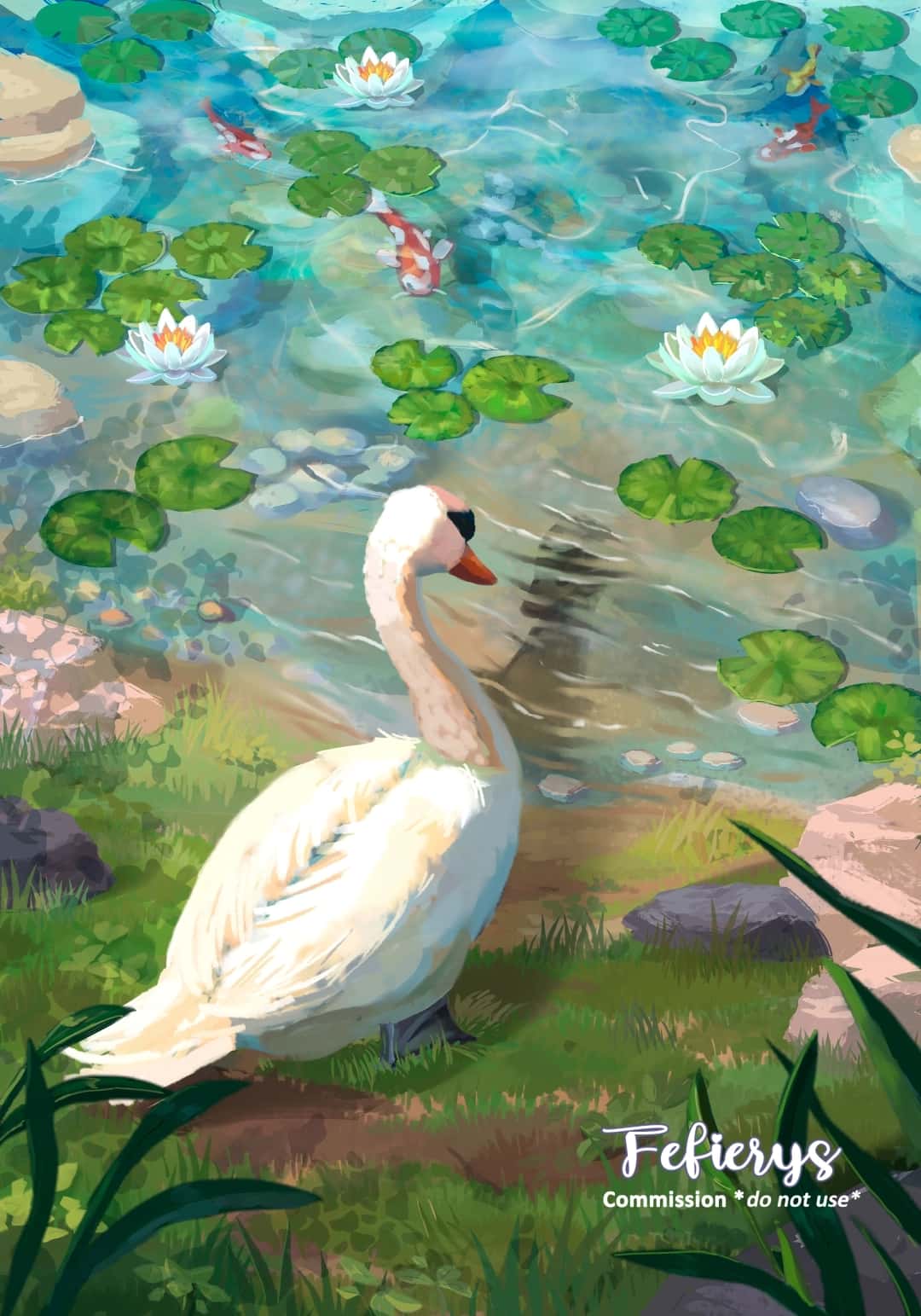 Swan In A Koi Fish Pond Fantasy Book Full page illustration by Fefierys