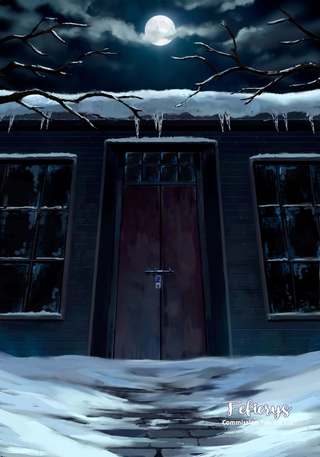 Warehouse Winter Night Fantasy Book Full page illustration by Fefierys