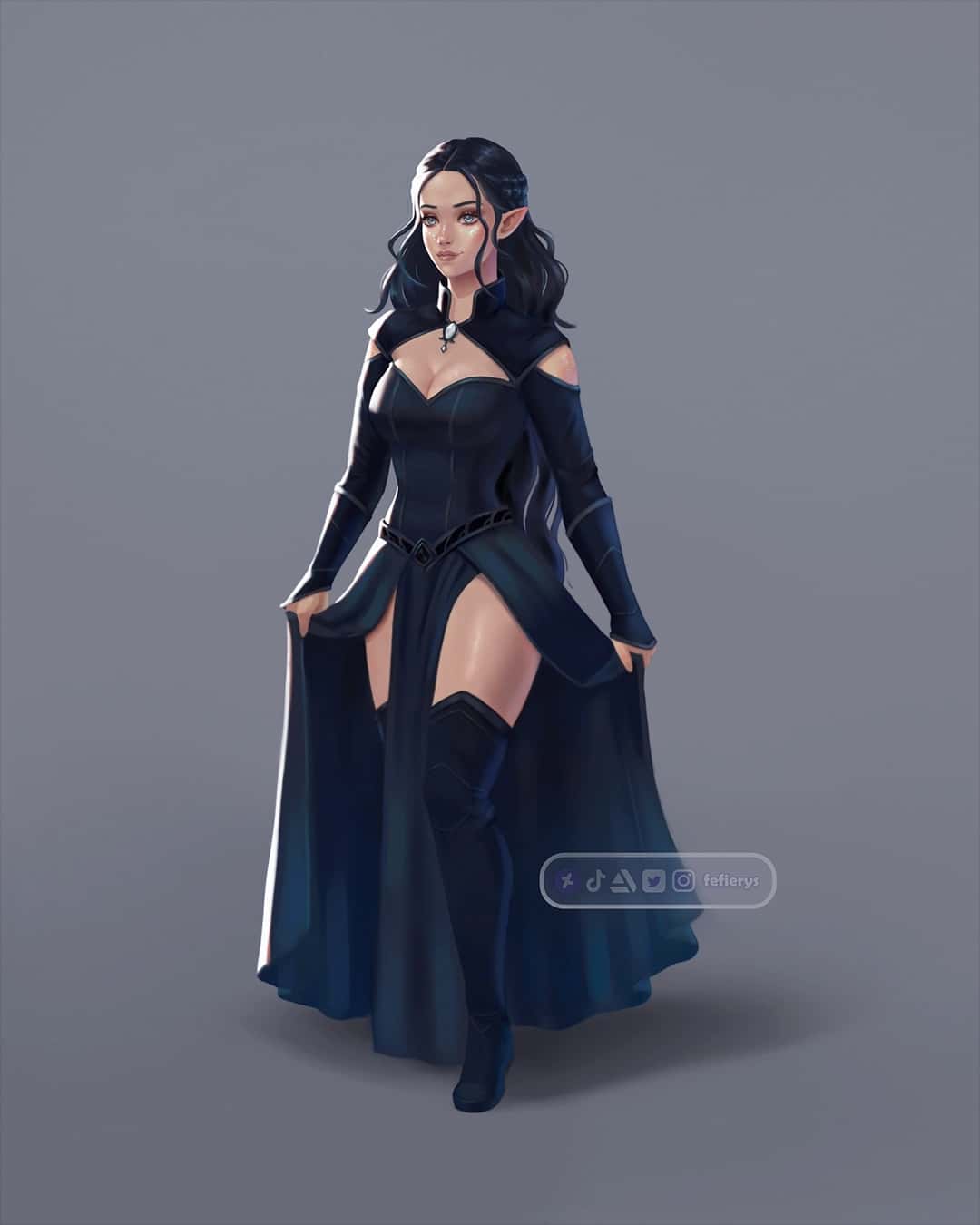 Elf Elegant Dress D&D Full render smooth finish illustration by Fefierys