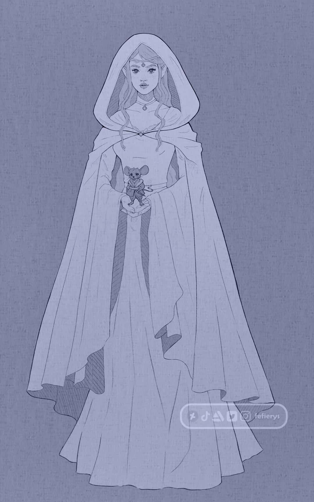 Female Elf D&D Art Lineart textured finish illustration by Fefierys