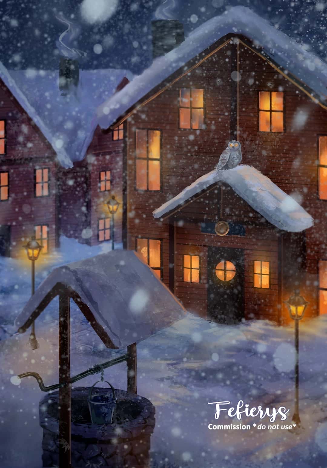 Well In Snowy Town Fantasy Book Structures illustration by Fefierys
