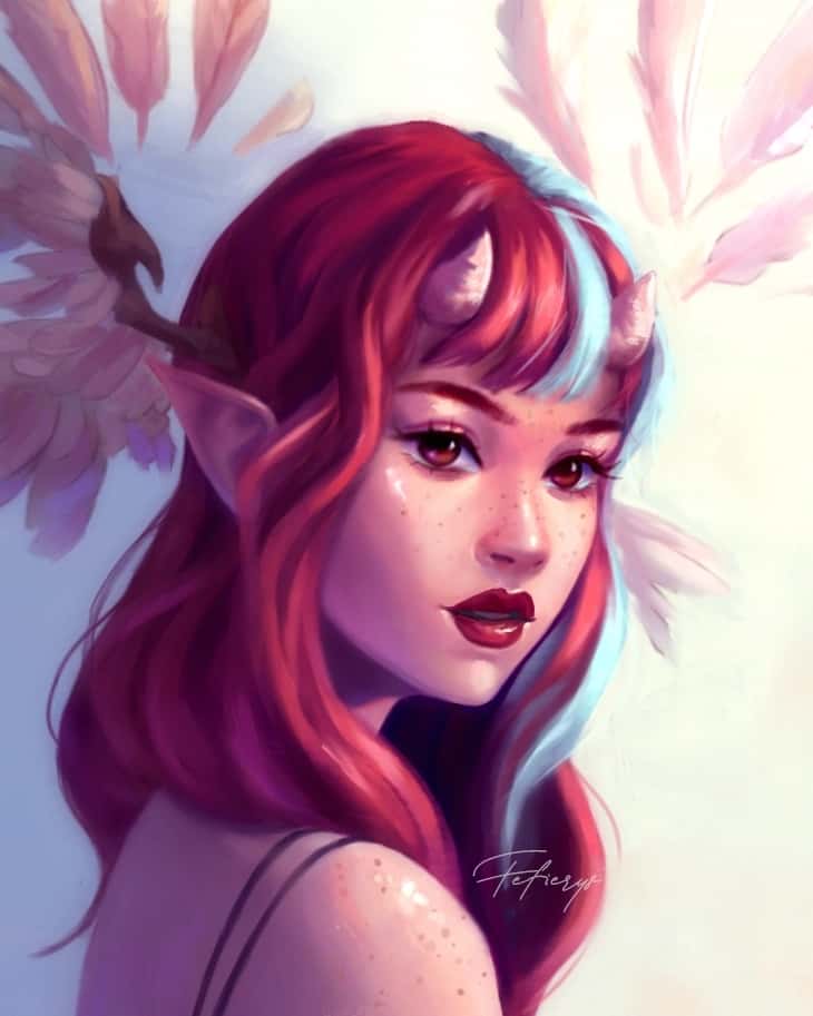 Demon Girl Fantasy Roleplay Full render smooth finish illustration by Fefierys