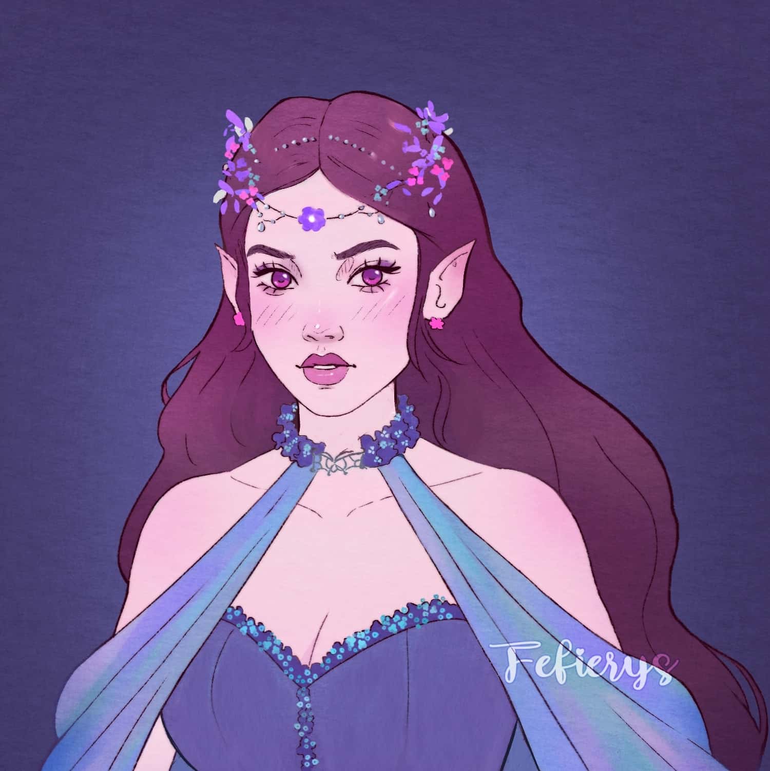 Female Elf D&D RPG Flat textured finish illustration by Fefierys