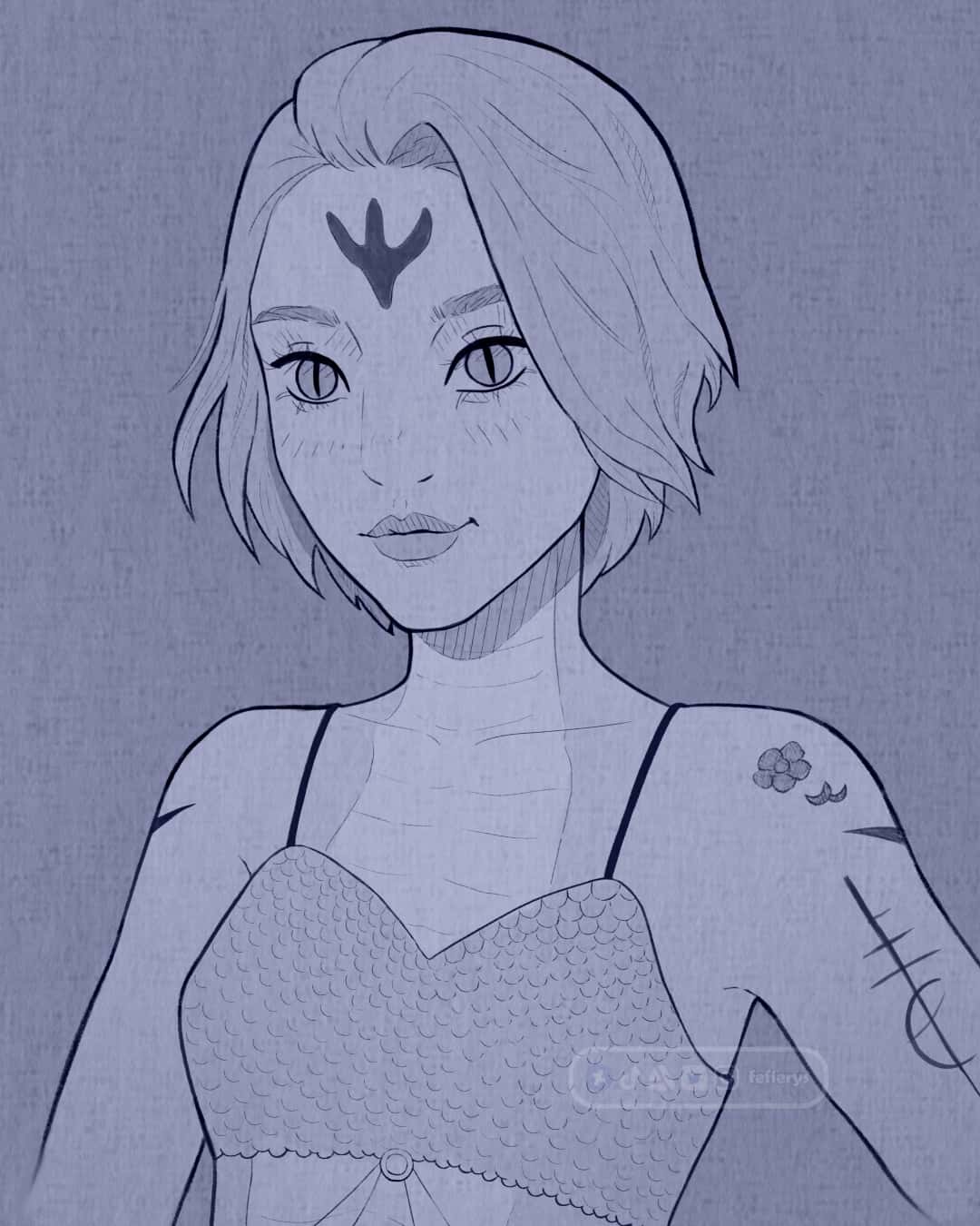 Female Yuanti Lizard Folk D&D Lineart textured finish illustration by Fefierys