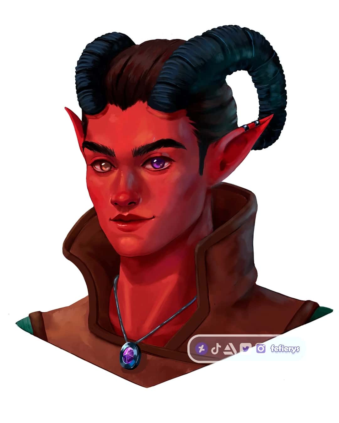 Tiefling D&D Art Male Full render smooth finish illustration by Fefierys