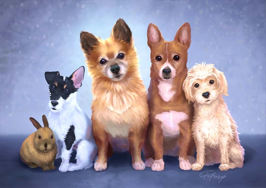 Family Pet Portrait Bunny Dogs Full body illustration by Fefierys
