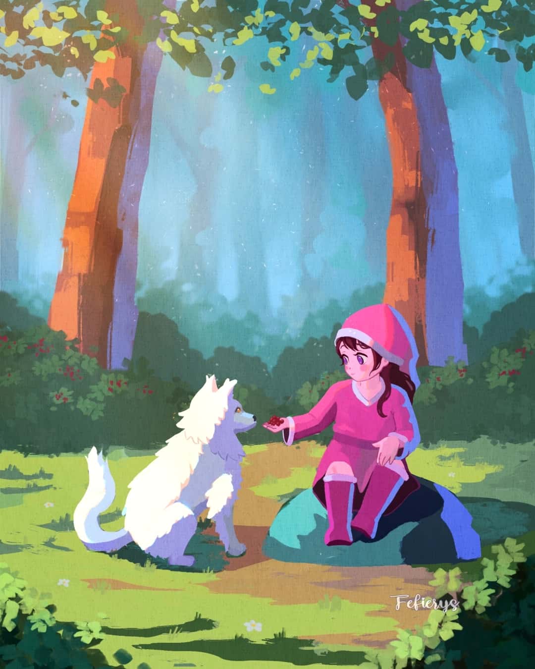 Elf Child Baby Wolf Forest Fantasy Book Full page illustration by Fefierys