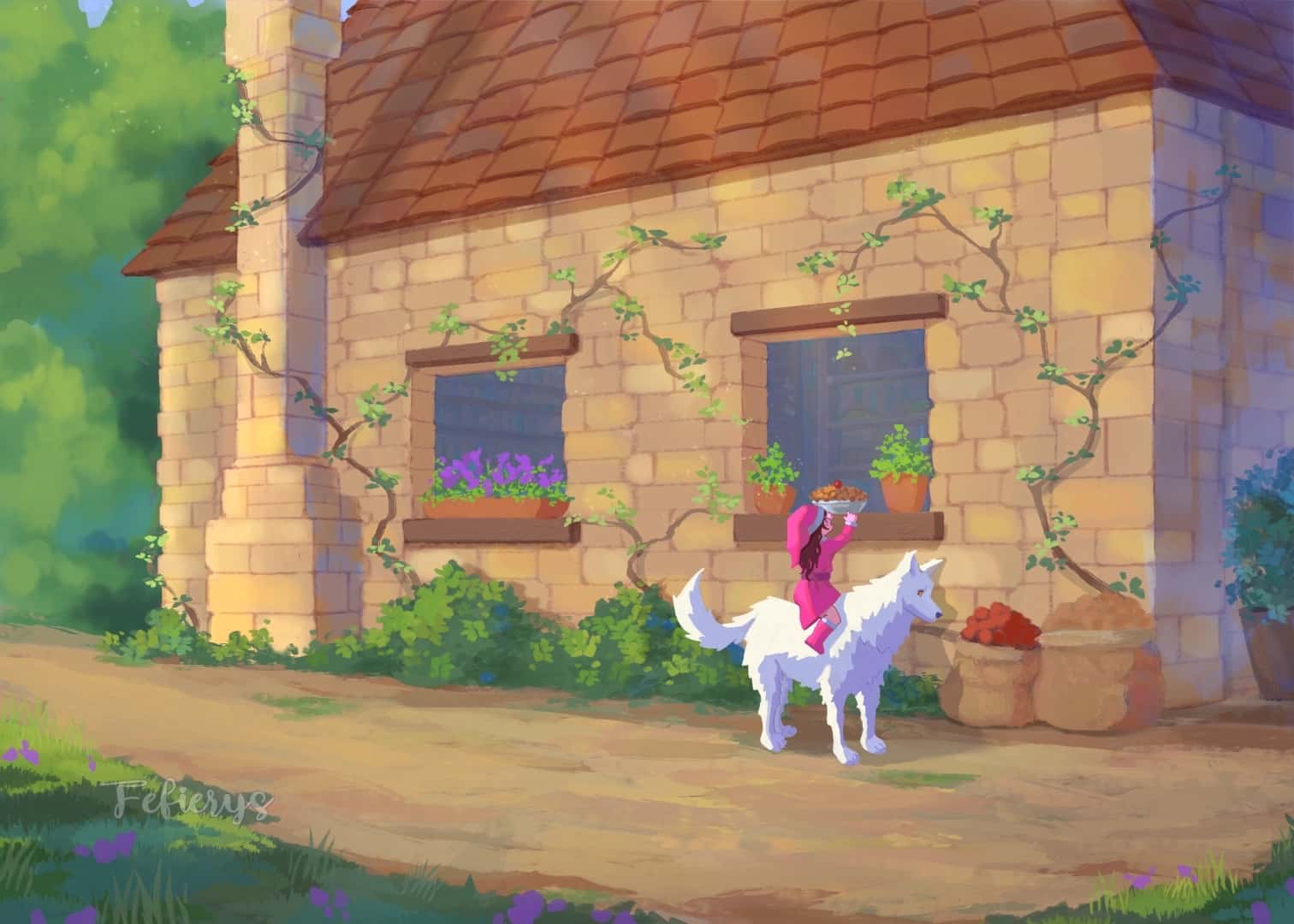 House Child Wolf Fantasy Book Spread illustration by Fefierys