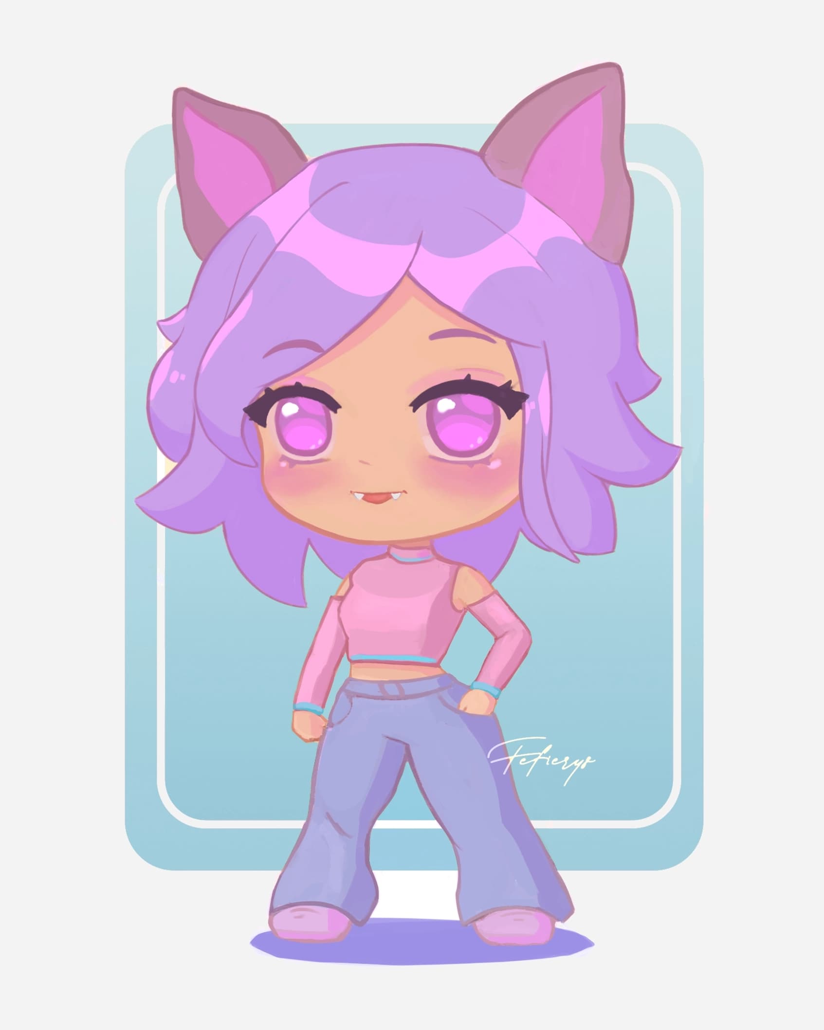 Girl Chibi Neko Cute Full body illustration by Fefierys