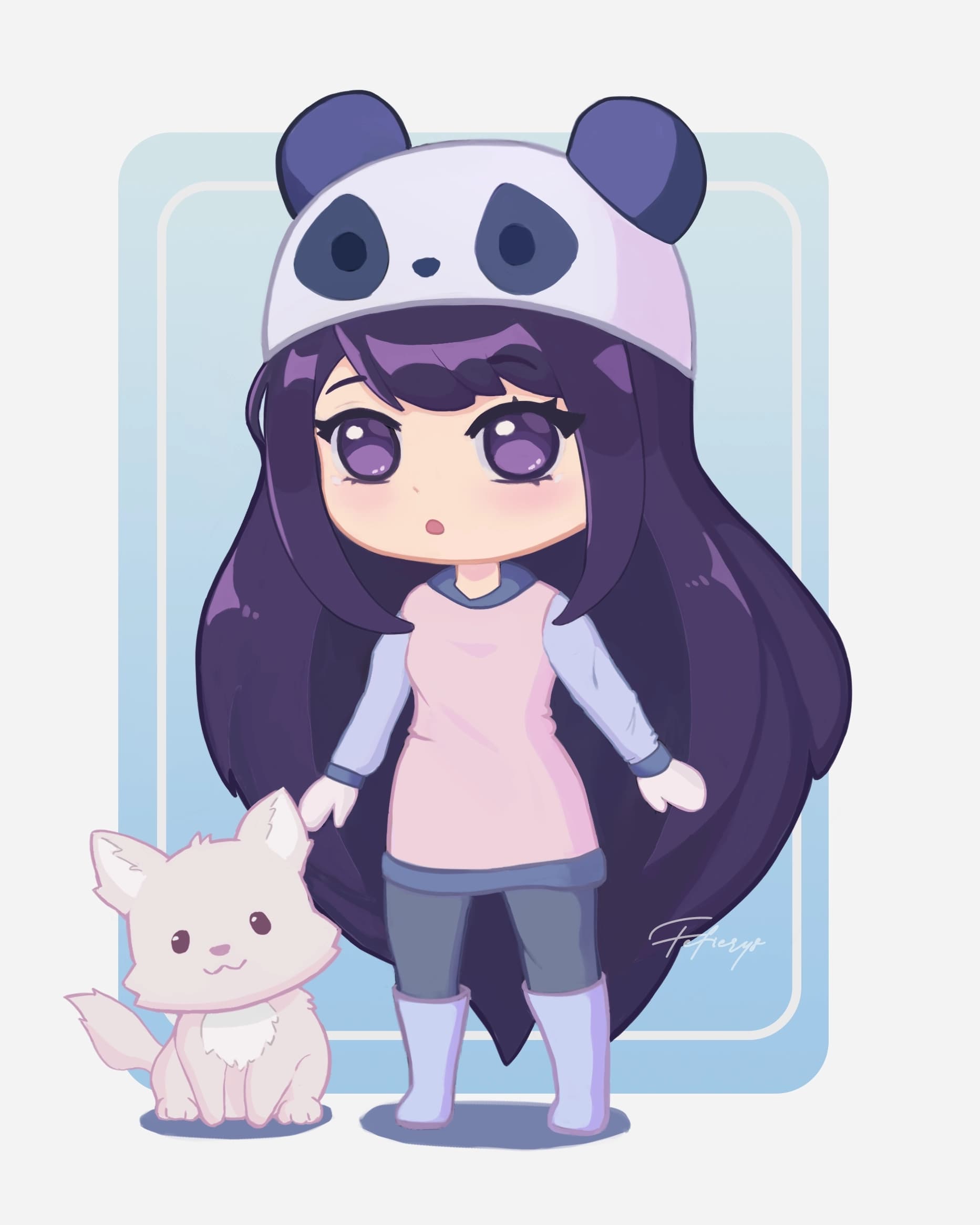 Girl Pet Dog Panda Chibi Cute Full body illustration by Fefierys