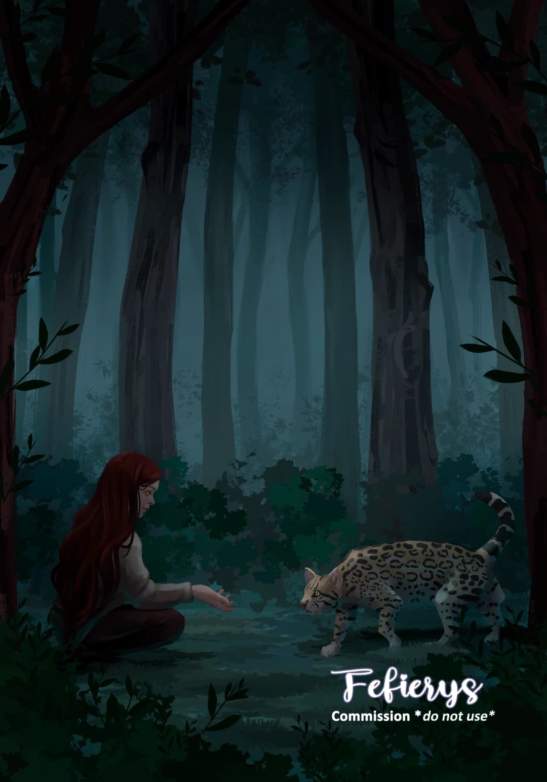 Girl Leopard Forest Fantasy Book Full page illustration by Fefierys