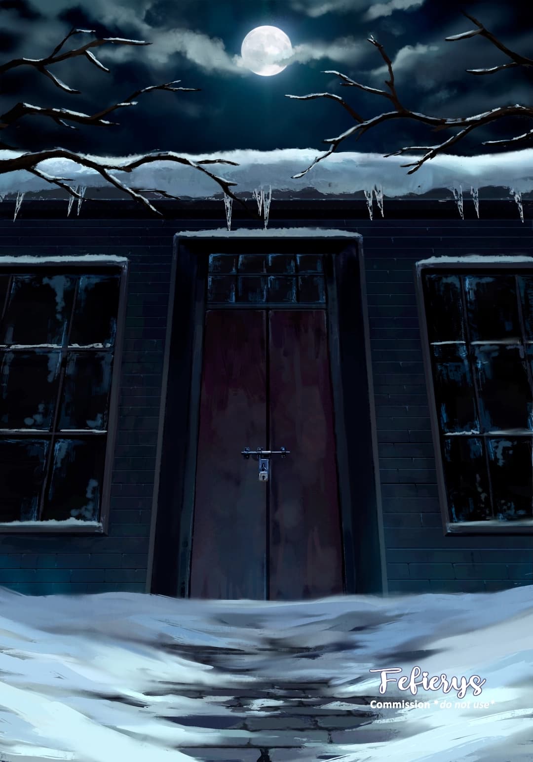 Warehouse Winter Night Fantasy Book Full page illustration by Fefierys