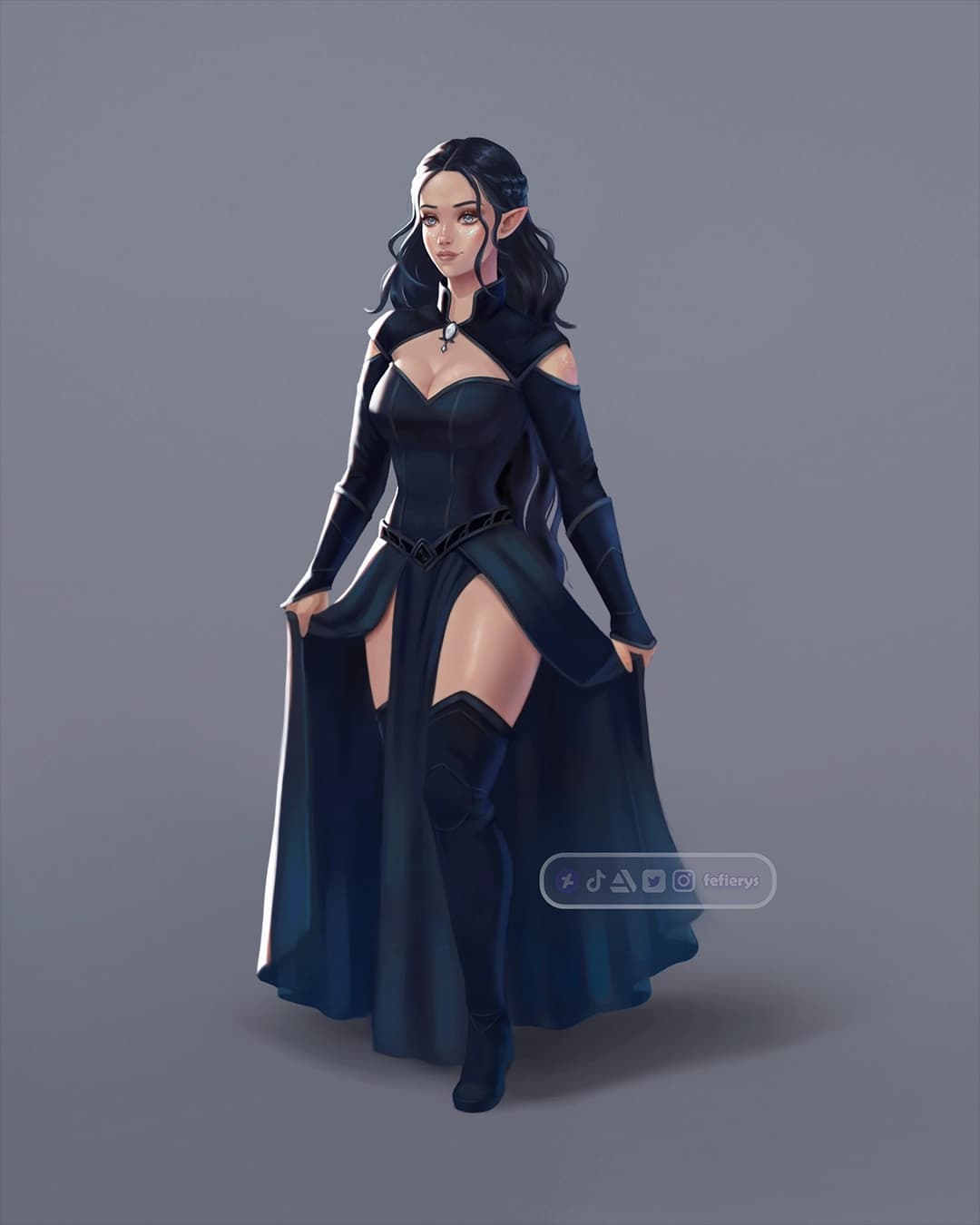 Elf Elegant Dress D&D Full render smooth finish illustration by Fefierys