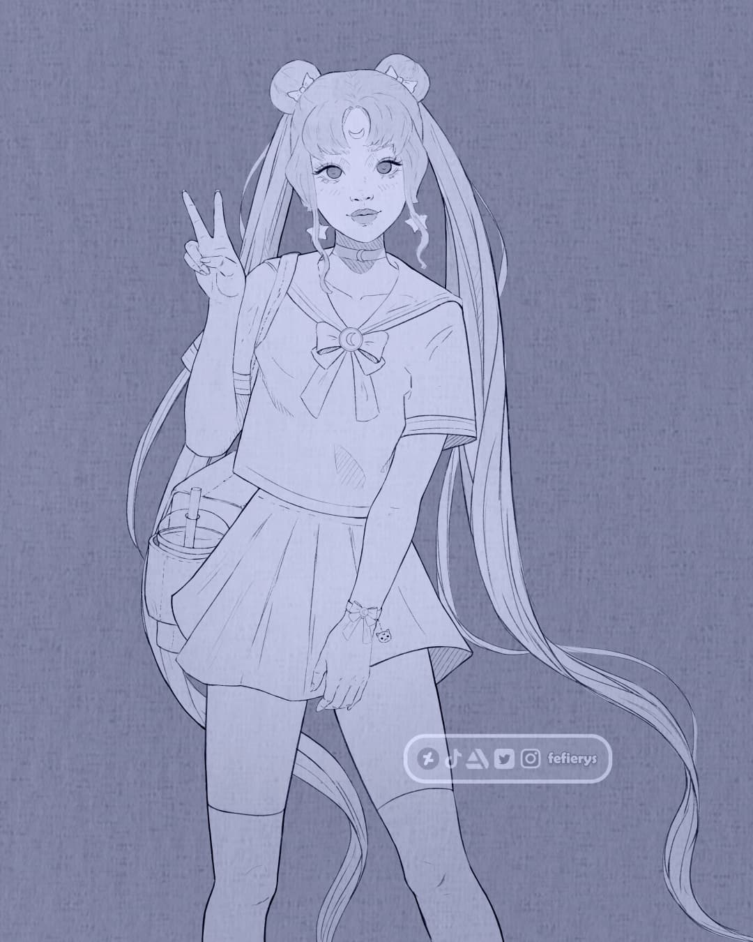 Usagi Tsukino Fanart Lineart textured finish illustration by Fefierys