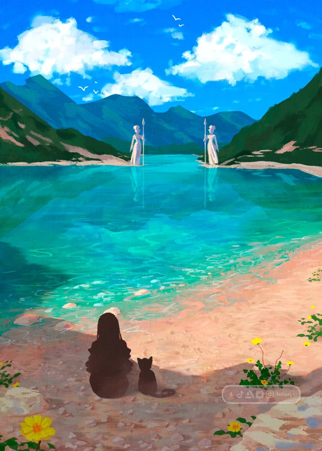 Girl Cat Lake Fantasy Natural illustration by Fefierys