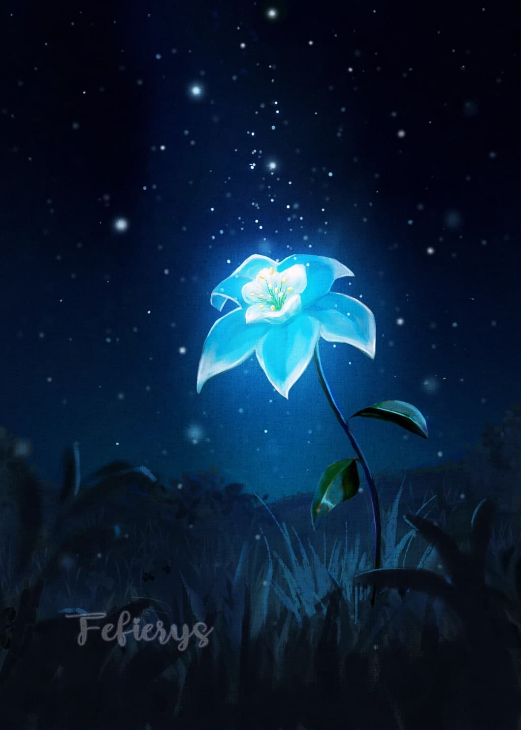 Glowing Flower Night Sky Fantasy Natural illustration by Fefierys