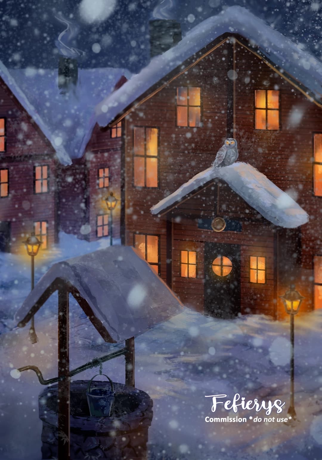 Well In Snowy Town Fantasy Book Structures illustration by Fefierys