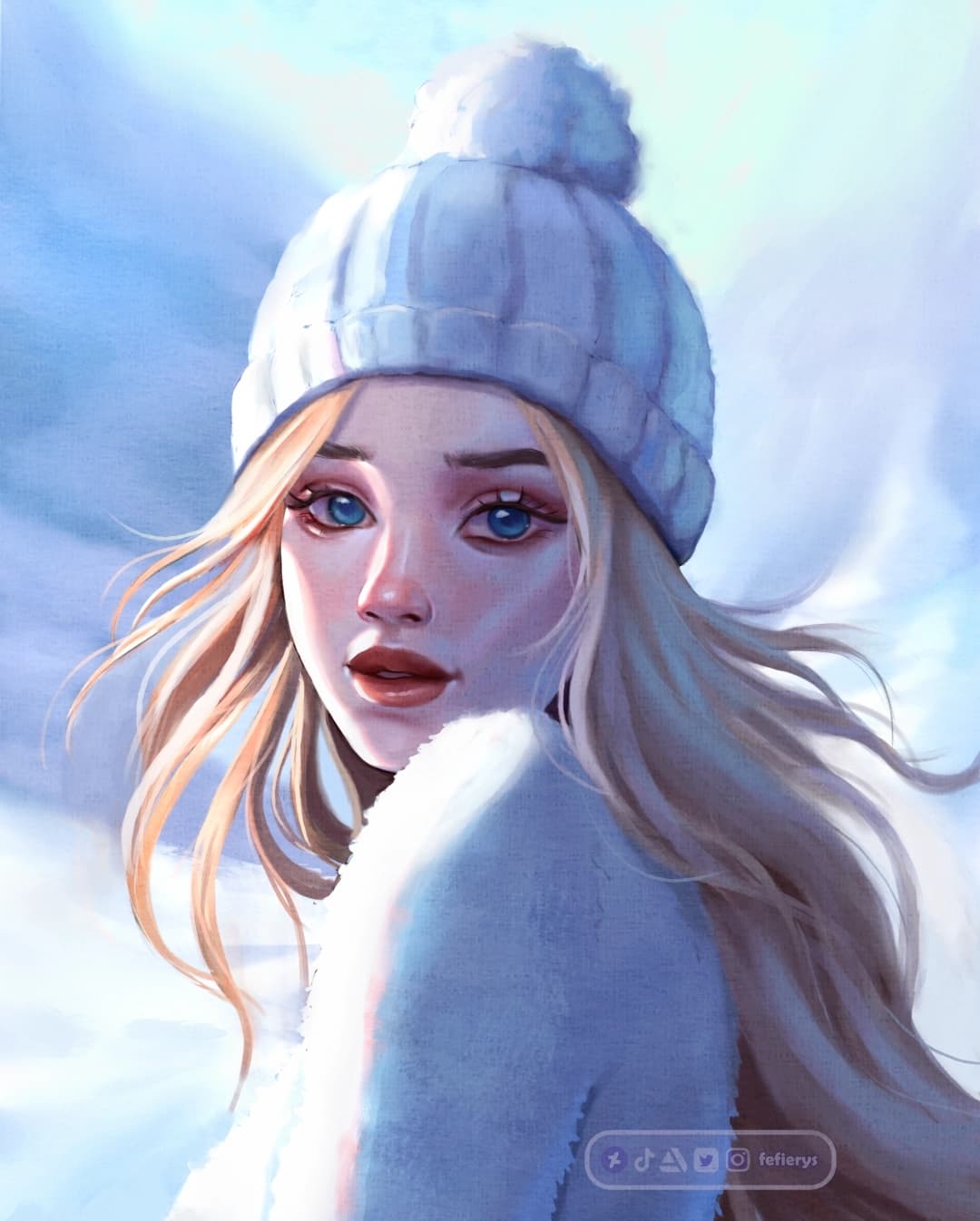 Blond Girl Snow Portrait Full render textured finish illustration by Fefierys