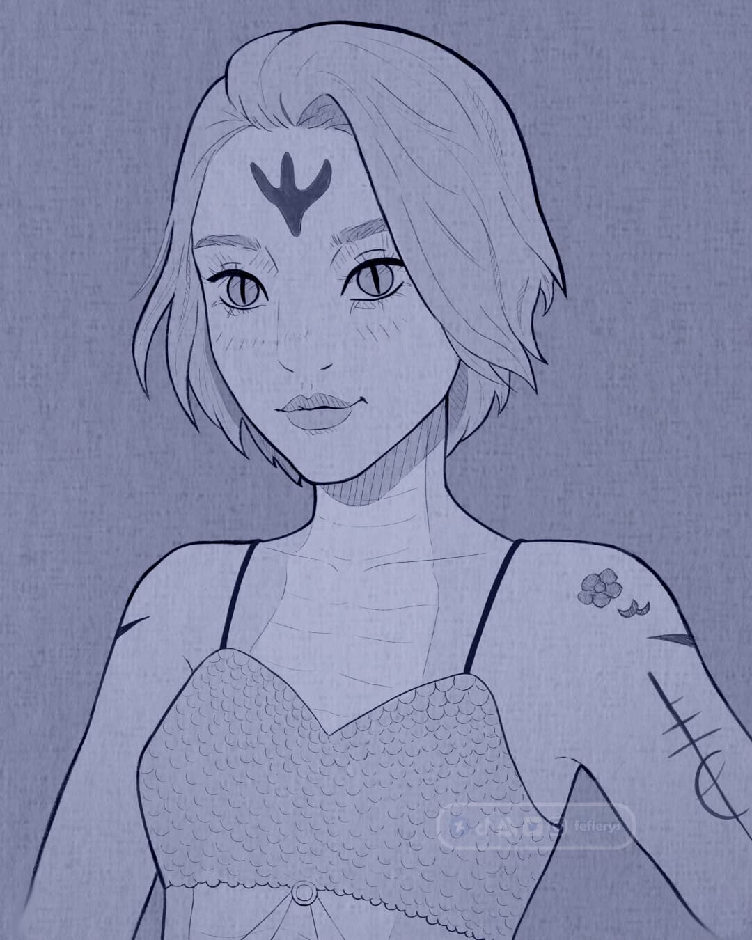 Female Yuanti Lizard Folk D&D Lineart textured finish illustration by Fefierys