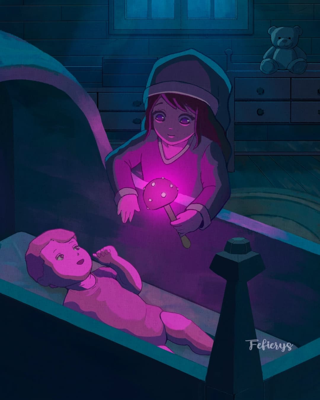Child Baby Crib Fantasy Book Full page illustration by Fefierys