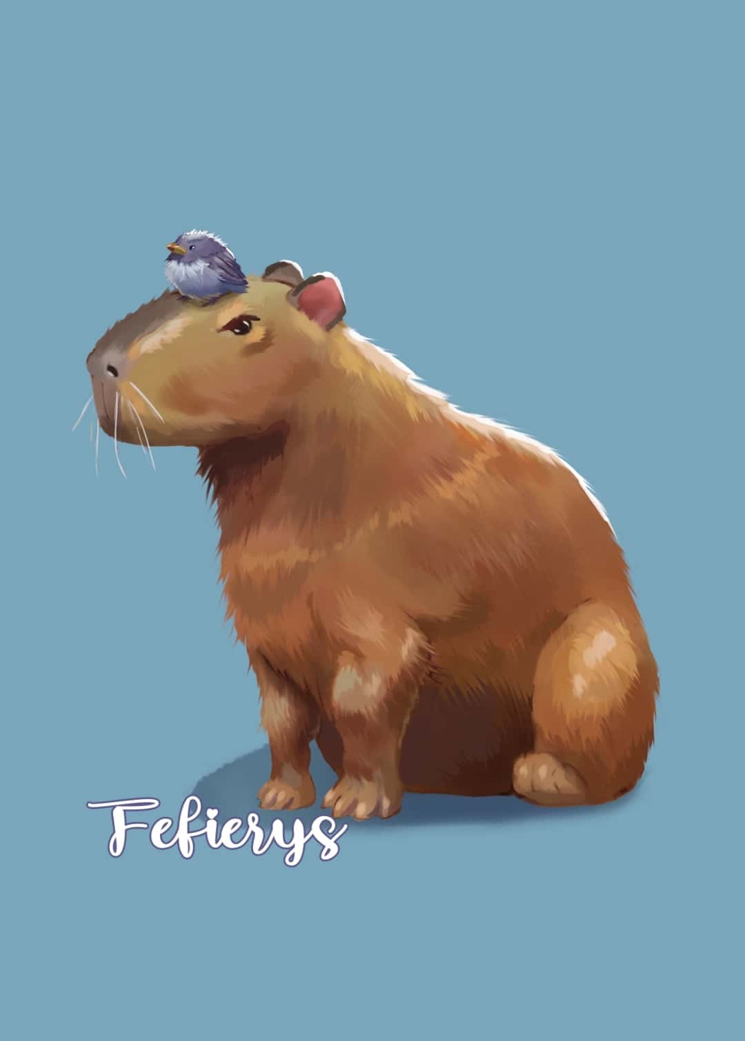 Capybara With Bird Pet D&D Full render smooth finish illustration by Fefierys