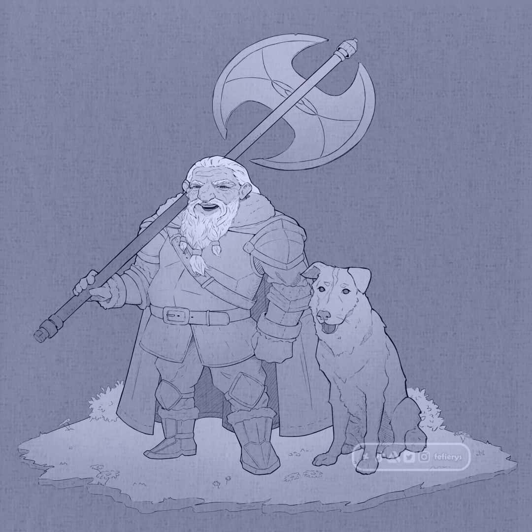 Dwarf And Dog D&D Character Diorama Lineart textured finish illustration by Fefierys