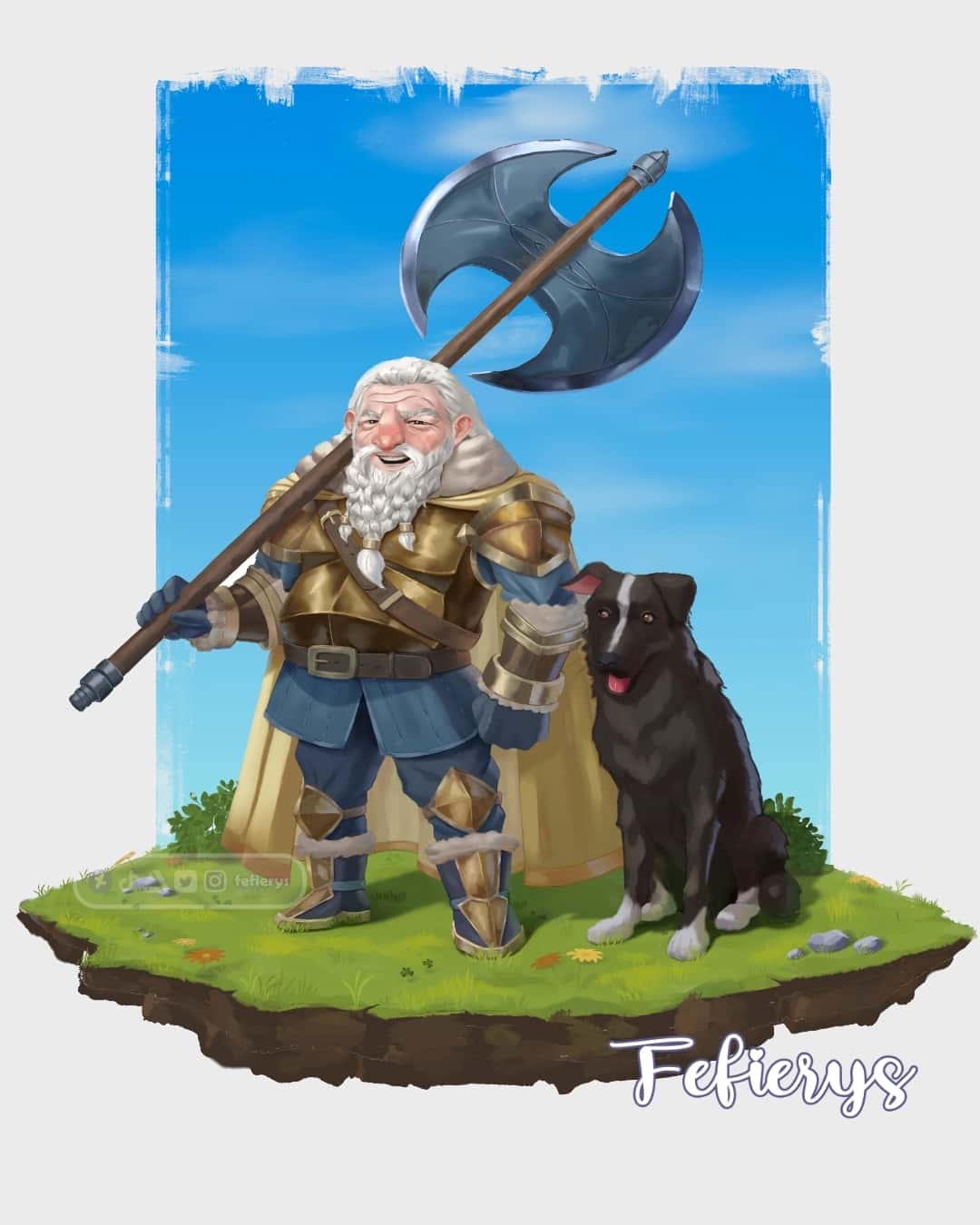 Dwarf And Dog D&D Character Summer Diorama Full render smooth finish illustration by Fefierys