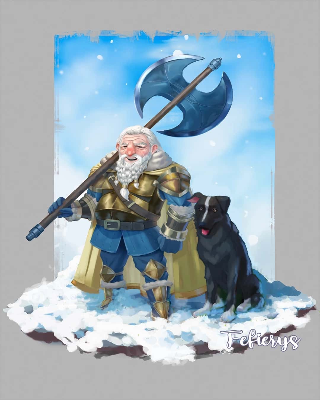 Dwarf And Dog D&D Character Winter Diorama Full render smooth finish illustration by Fefierys