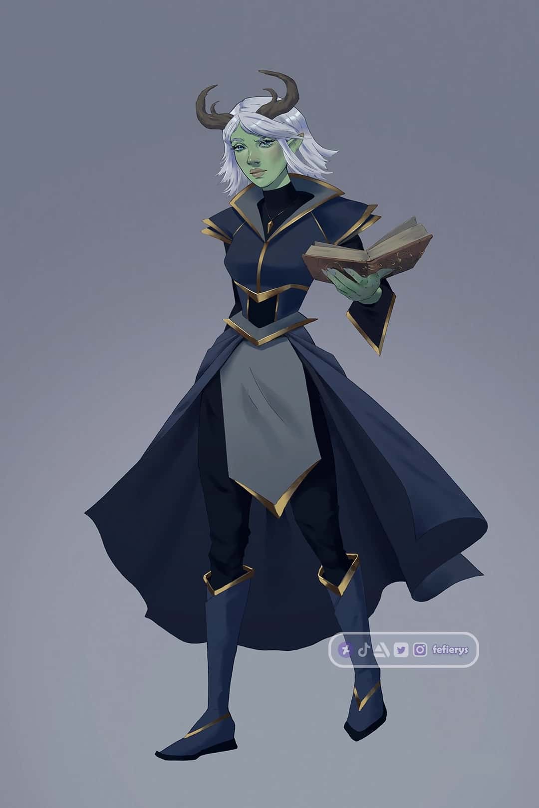 Female Green Tiefling D&D Sorcerer Shaded smooth finish illustration by Fefierys