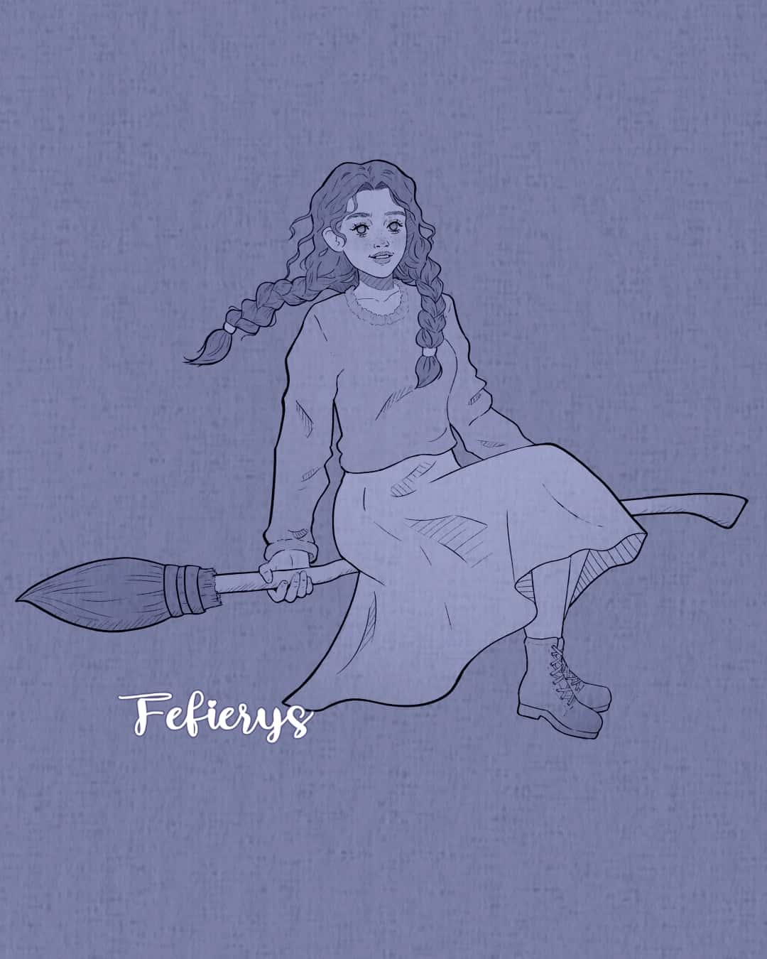 Female Wizard Broom Character Hogwarts Legacy Art Lineart textured finish illustration by Fefierys
