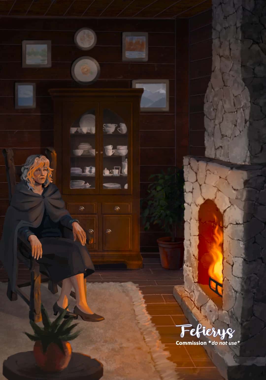 Old Woman Front Of A Hearth Fantasy Book Single character illustration by Fefierys
