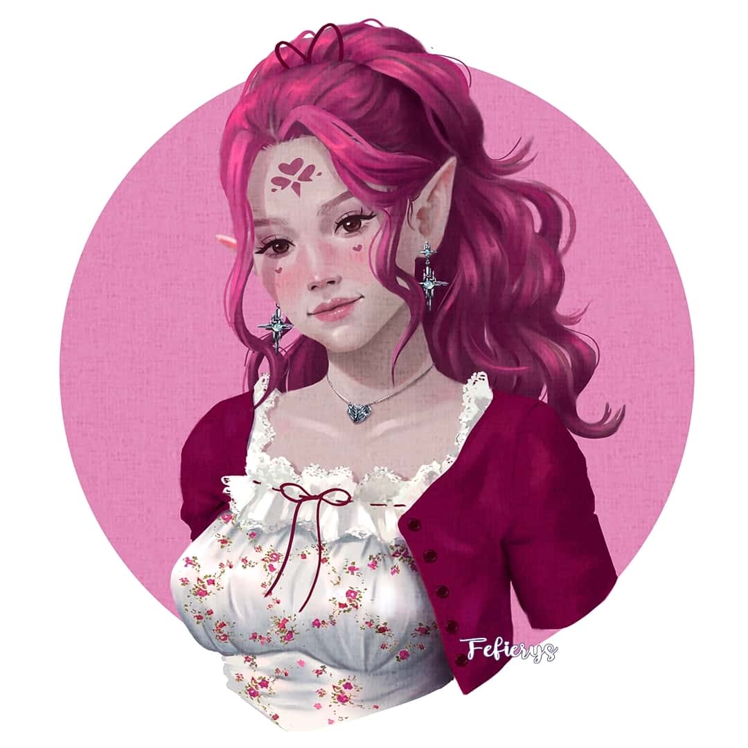 Female Elf Pink Hair D&D Portait Full render textured finish illustration by Fefierys